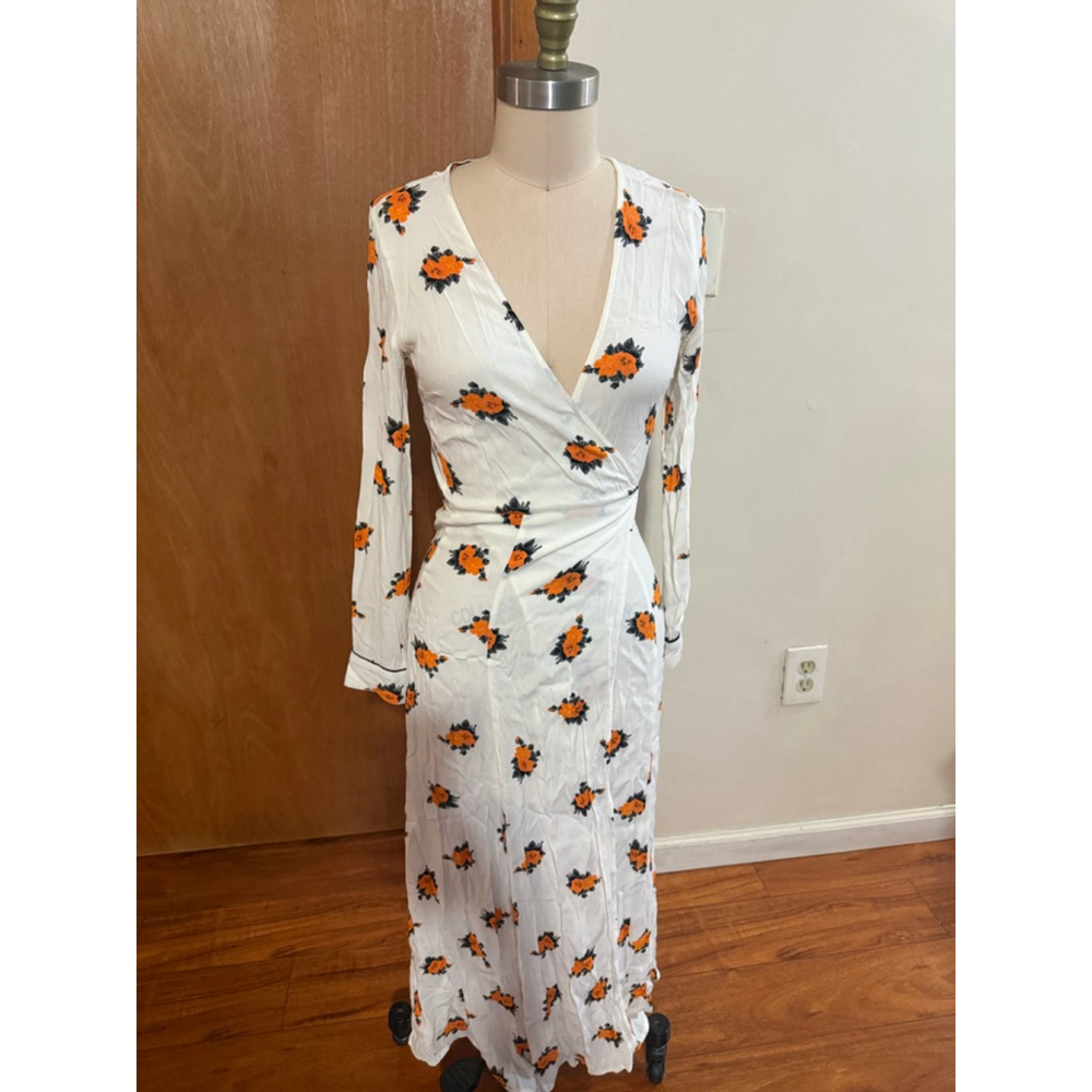 Women's GANNI Long Sleeve Wrap Dress in White with Orange Floral, Size 4